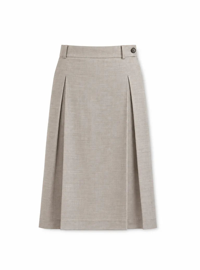 Stone beige pleated midi skirt for women, front view