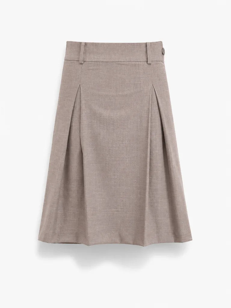 Warm taupe pleated midi skirt for women, front view